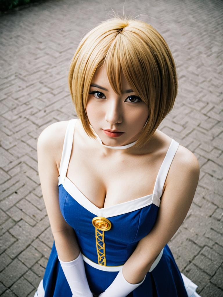 Cosplay Woman in Blue and White Costume with Blonde Bob Hairstyle