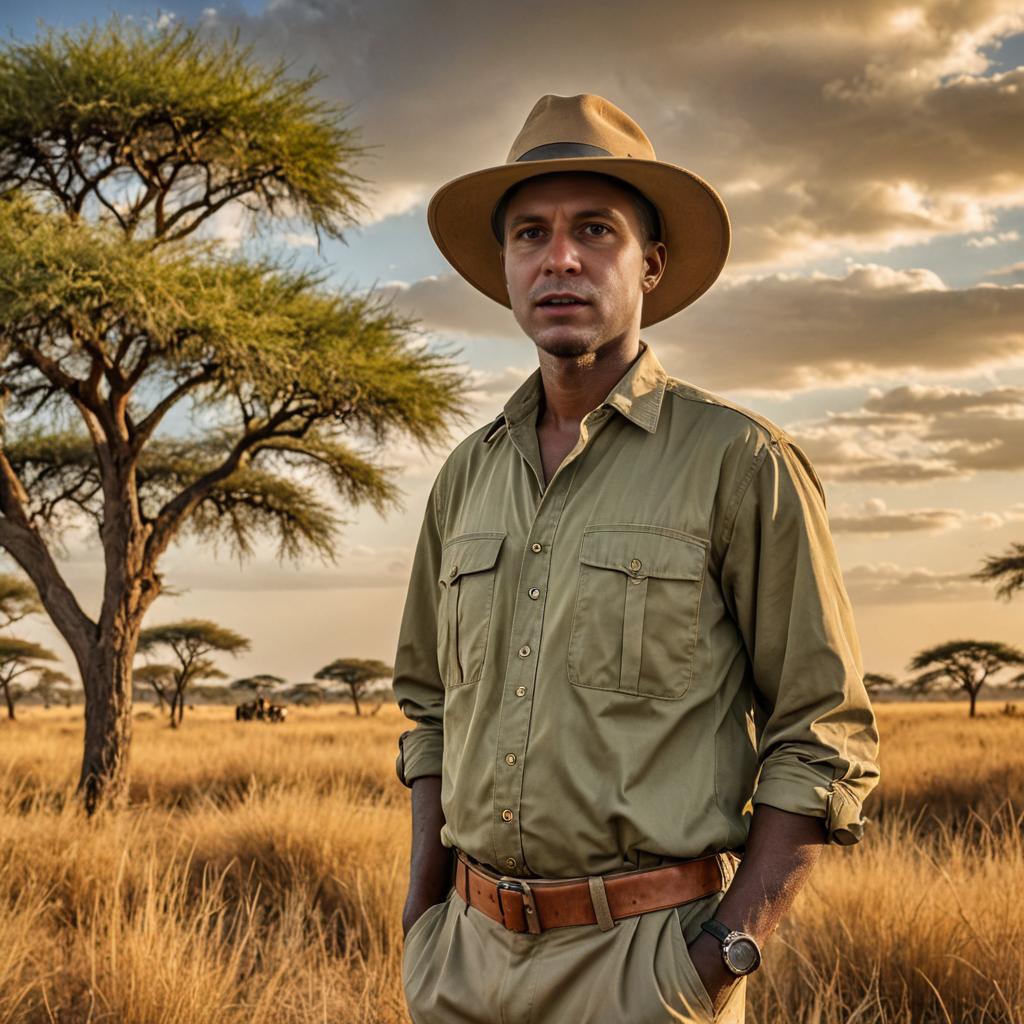 Man in Safari Outfit Against African Savannah