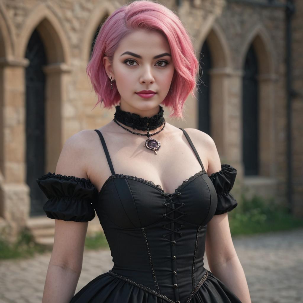 Vampiric Woman with Pink Hair in Gothic Style