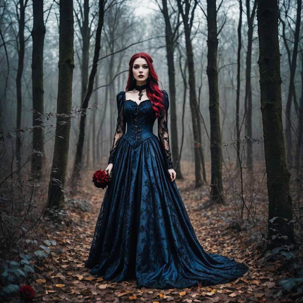 Woman in Victorian Gothic Dress Standing in Foggy Forest Holding Red Roses