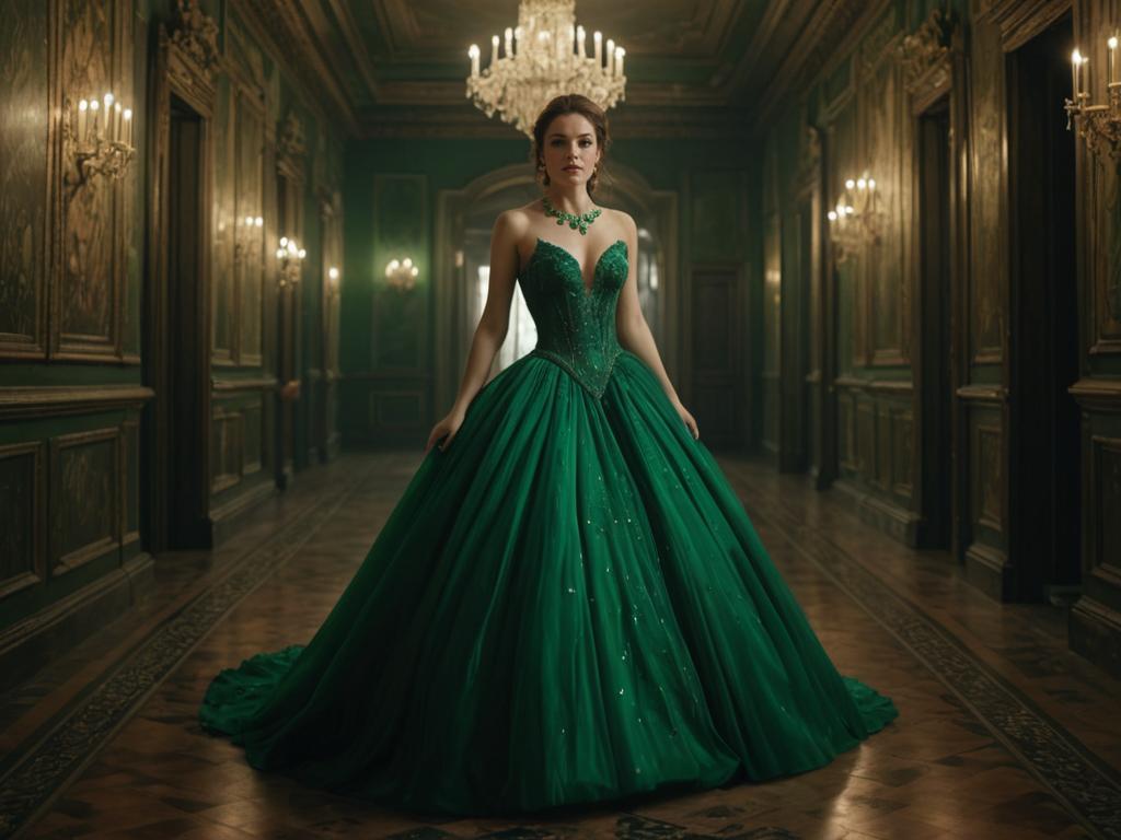 Panic in Opulent Corridor: Woman in Green Gown