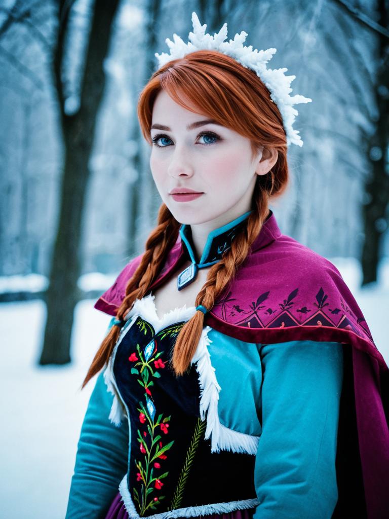 Woman in Cosplay Outfit in Snowy Forest
