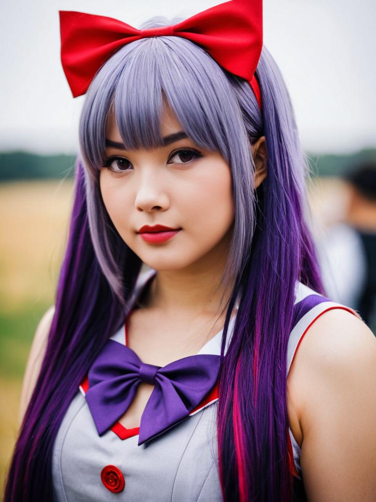 Vibrant Anime-Inspired Cosplay Woman with Purple Hair and Red Bow