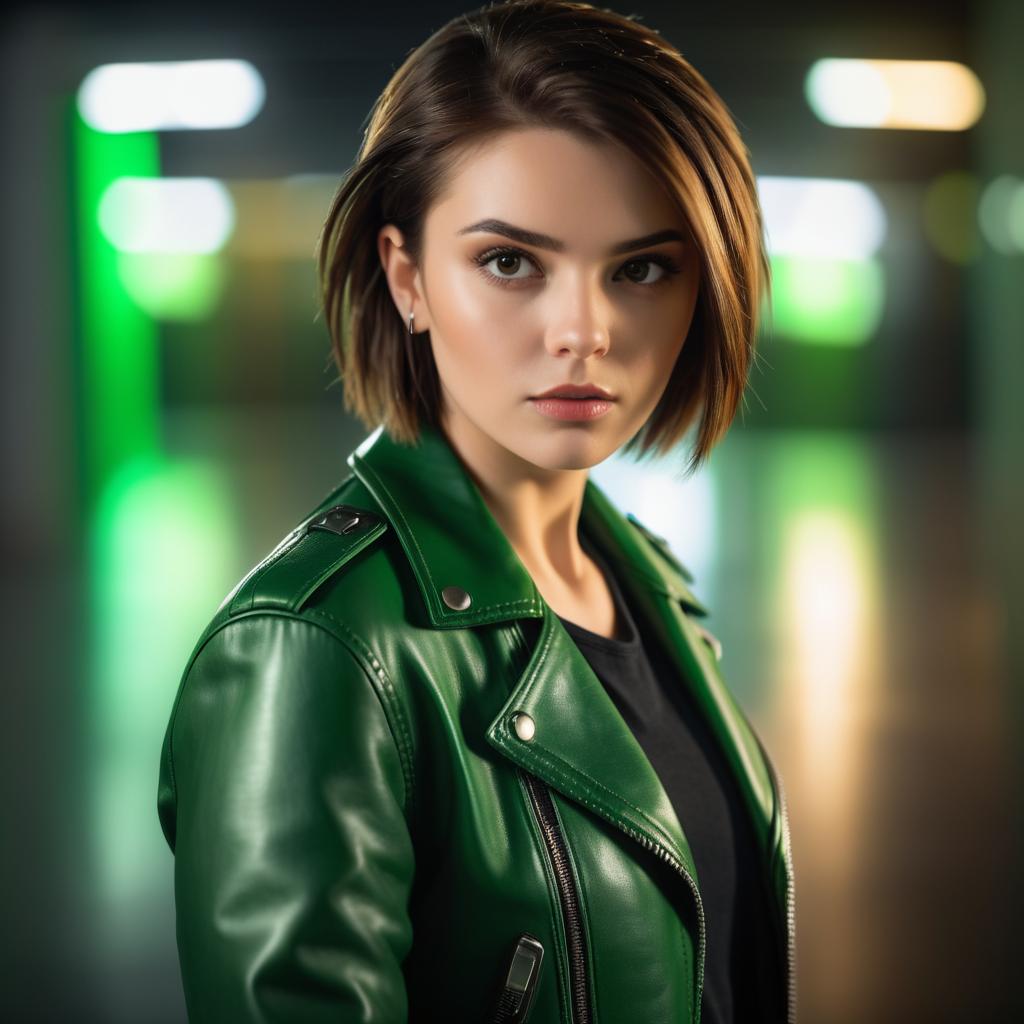 Portrait of a Confident Woman in Green Leather Jacket