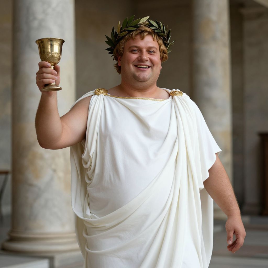 Happy Man in Roman Toga with Golden Goblet Toasting