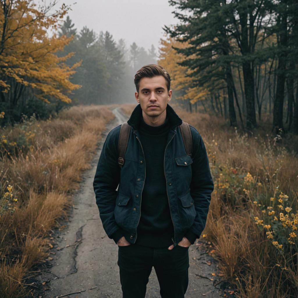 Confident Man in Misty Autumn Forest