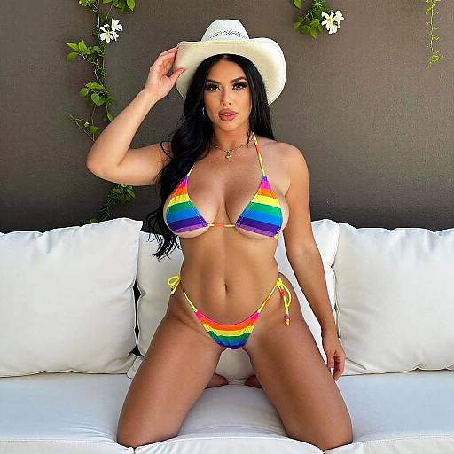 Woman in Rainbow Bikini and White Cowboy Hat Posing on Sofa