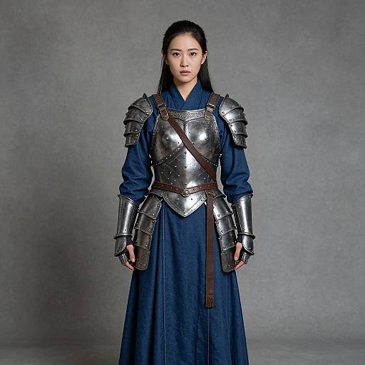 Woman in Medieval-Inspired Armor with Blue Robe
