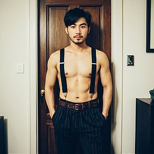 Confident Shirtless Man in Pinstriped Pants