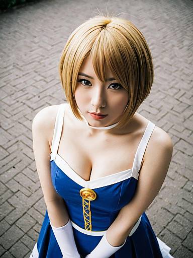 Cosplay Woman in Blue and White Costume with Blonde Bob Hairstyle