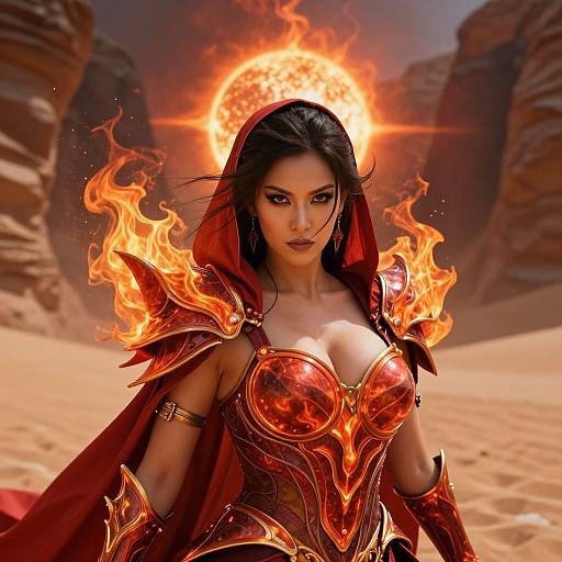Fiery Woman Warrior in Fantasy Desert Armor with Blazing Sun