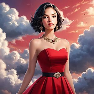 Elegant Woman in Red Dress with Dramatic Sunset Sky Digital Illustration