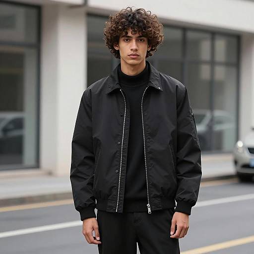 Young Man Wearing Black Bomber Jacket and Turtleneck on City Street