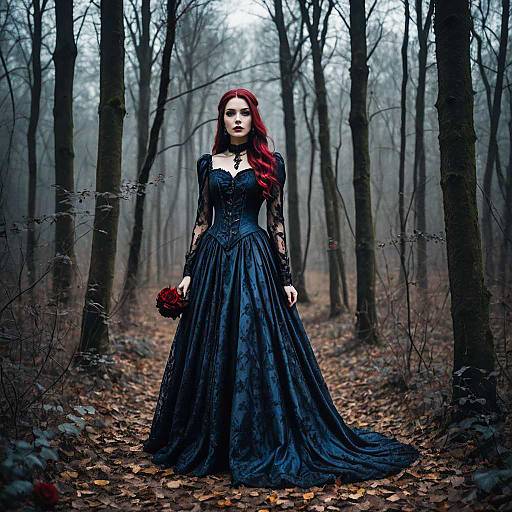 Woman in Victorian Gothic Dress Standing in Foggy Forest Holding Red Roses