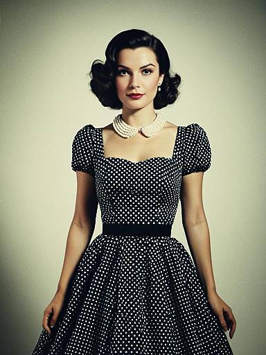 Woman in Retro 1950s Polka Dot Party Dress Photorealistic Studio Portrait