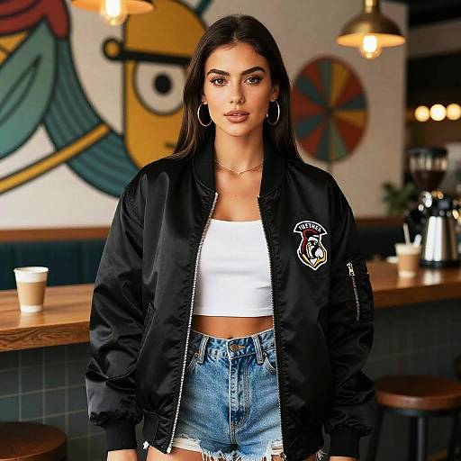 Woman Wearing Oversized Black Satin Bomber Jacket in Sports Luxe Style