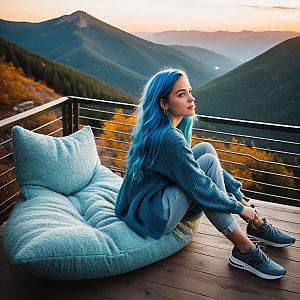 Young Woman with Blue Hair on Cozy Deck at Sunset