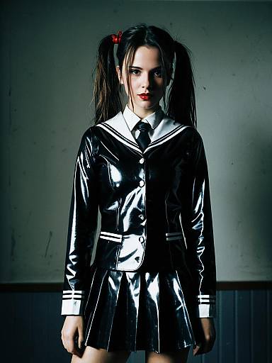 Woman in Latex Schoolgirl Costume with Cinematic Lighting and Dramatic Realism