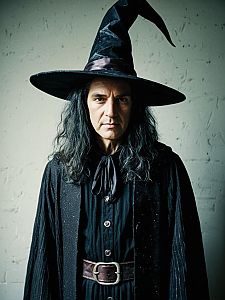 Modern Male Witch Costume with Pointed Hat and Dark Robe