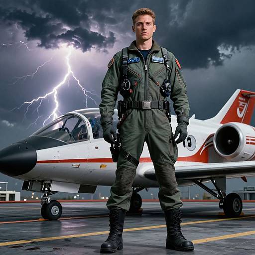 Male Pilot Standing Confidently by Jet Aircraft Under Stormy Sky