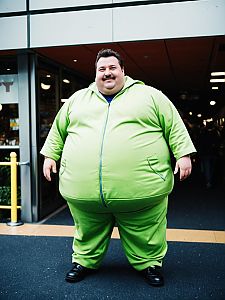 Man in Full-Body Fat Guy Costume Cosplay Photo in Playful Urban Setting