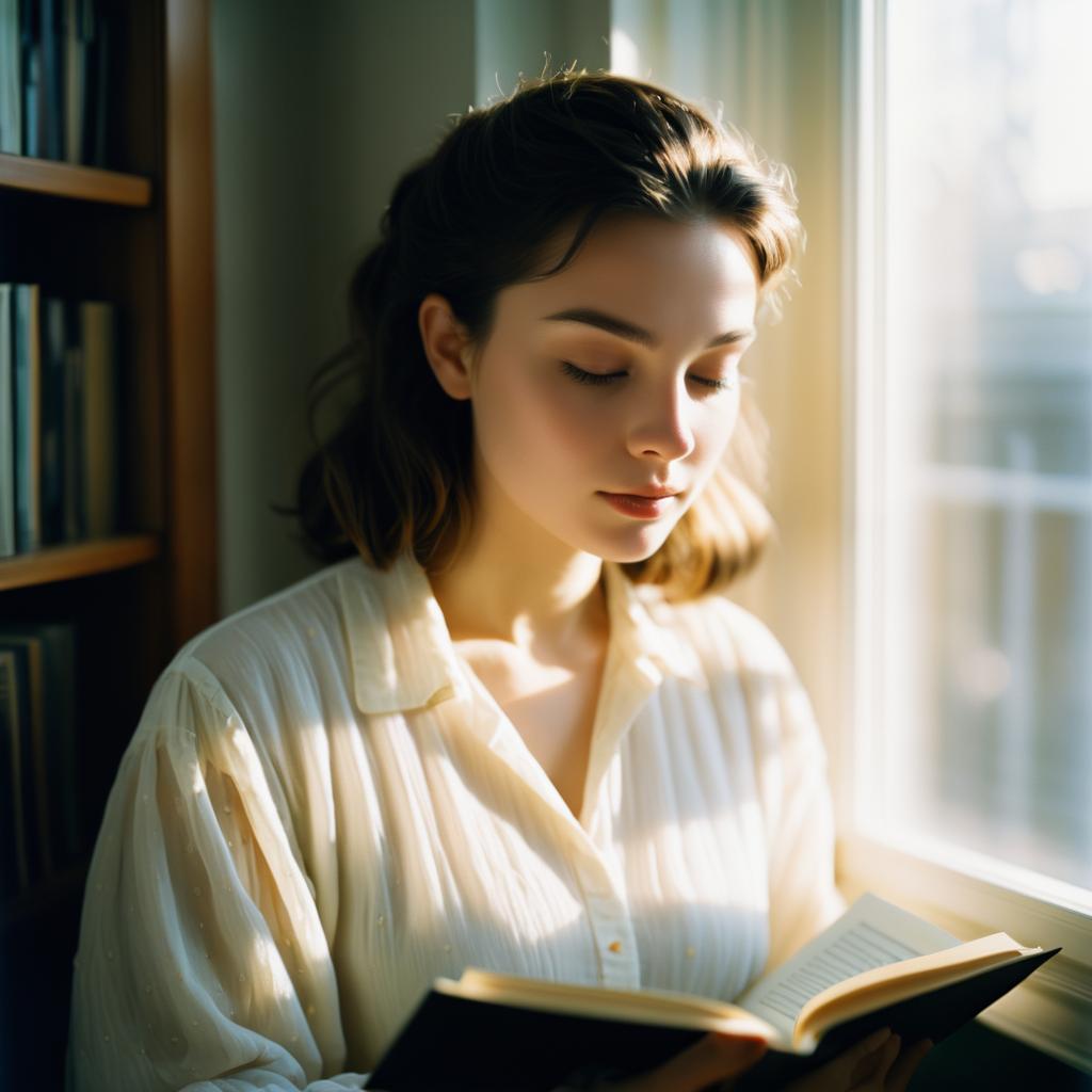 Young Woman Reading in Sunlit Room