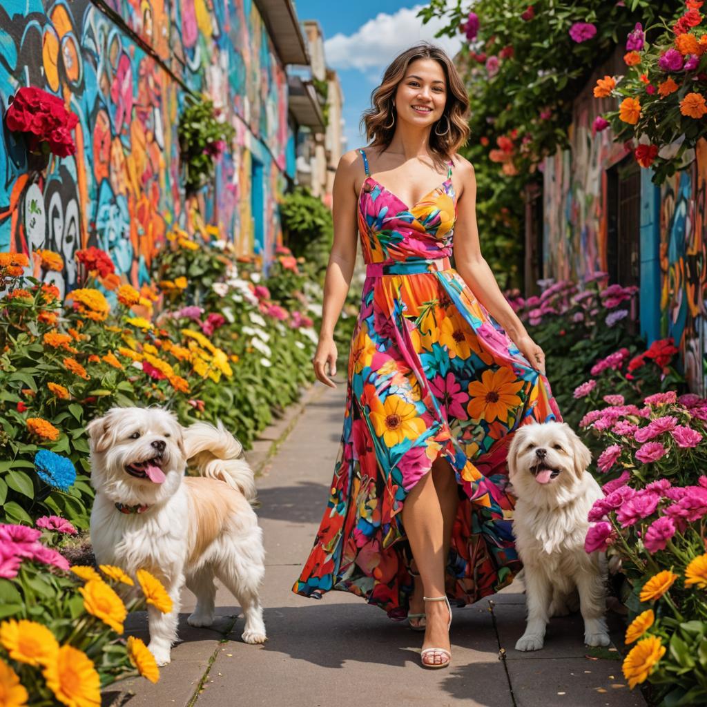 Woman in Floral Dress with Dogs on Mural Path