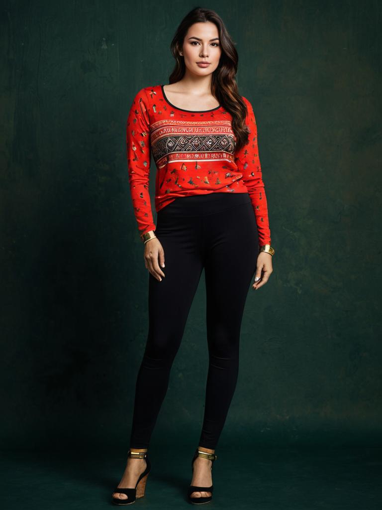 Woman Wearing Casual Red Graphic Print Top with Long Sleeves and Scoop Neck