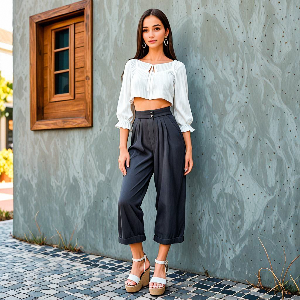Stylish Woman in Chic Outfit by Gray Wall