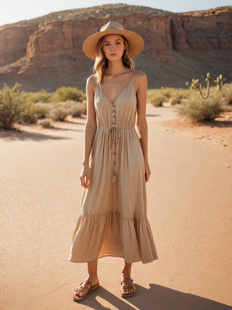 Woman in Beige Sundress in Desert at Sunset