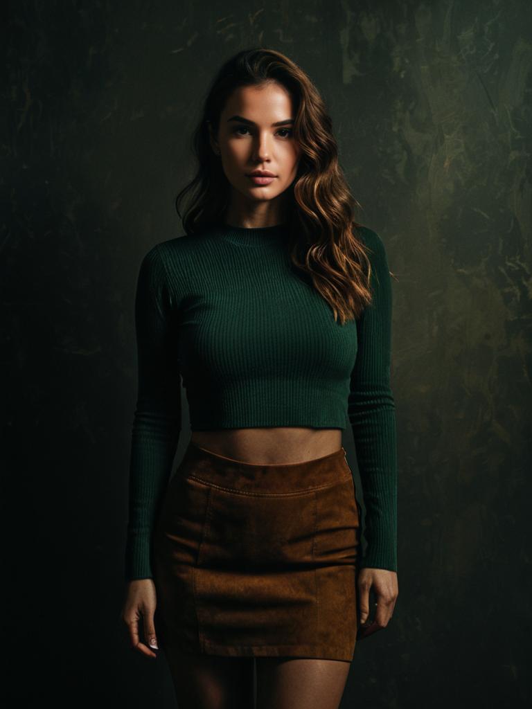 Woman Wearing Casual Chic Black Long Sleeve Ribbed Crop Top and Brown Skirt
