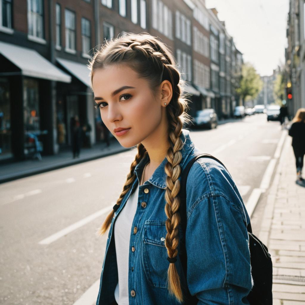 Young Woman with Braided Hair in Denim Jacket on City Street