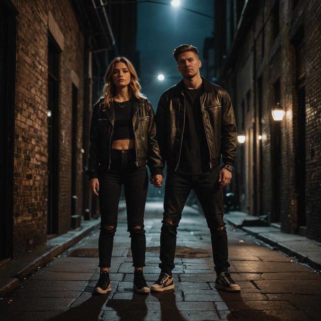 Confident Couple in Urban Alley at Night