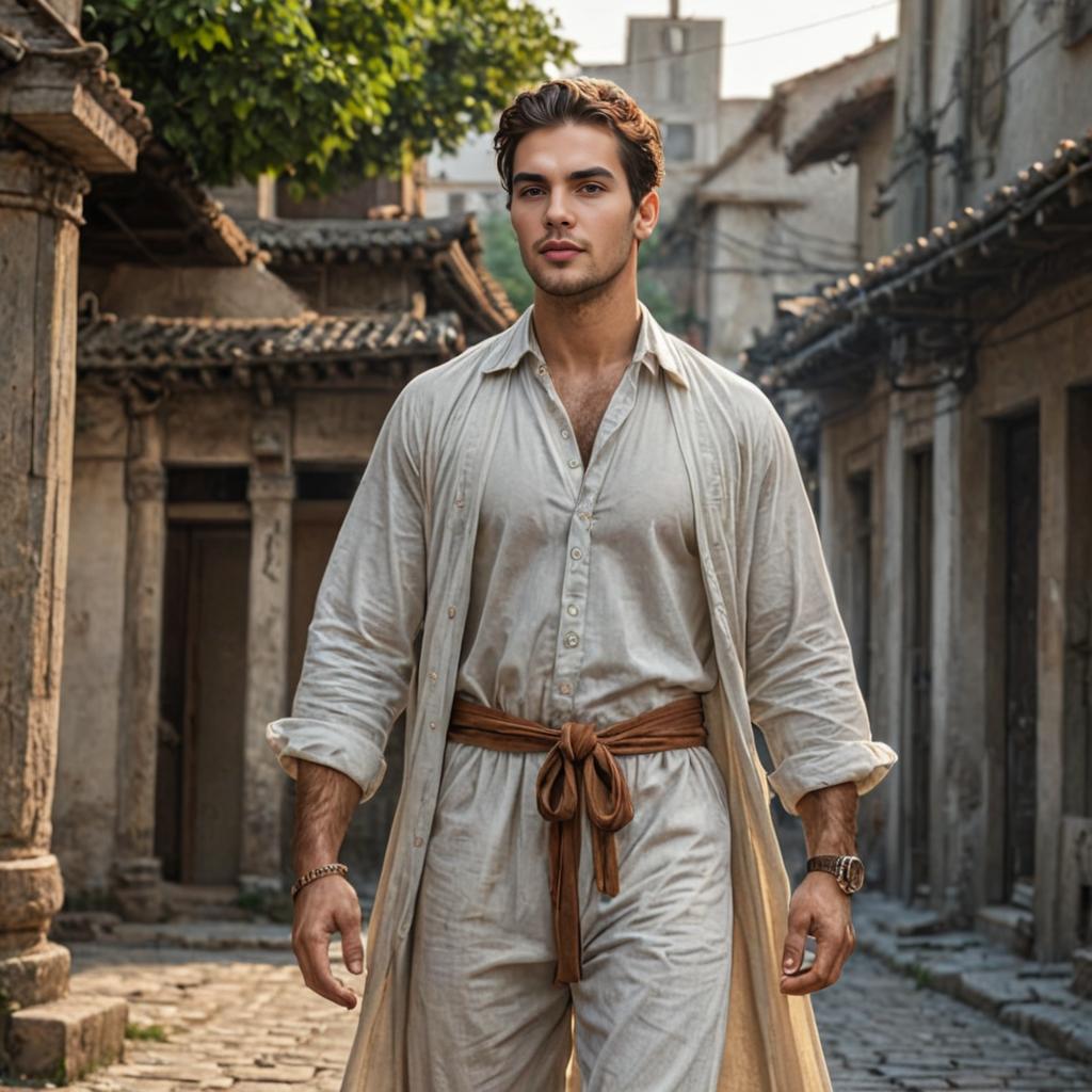 Man in Stylish Light Outfit Walking in Historic Alley