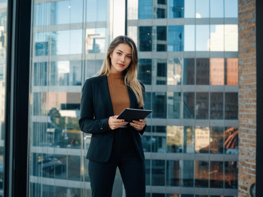 Confident Professional Woman in Business Suit with Tablet in Modern Office