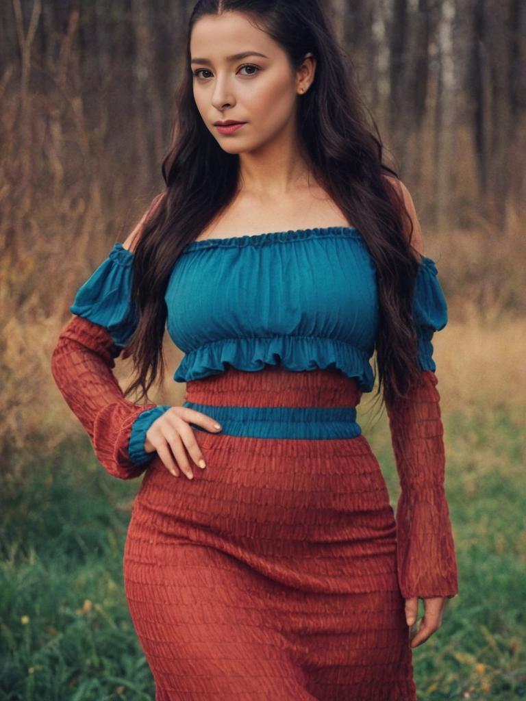 Elegant Woman in Blue and Rust Ensemble