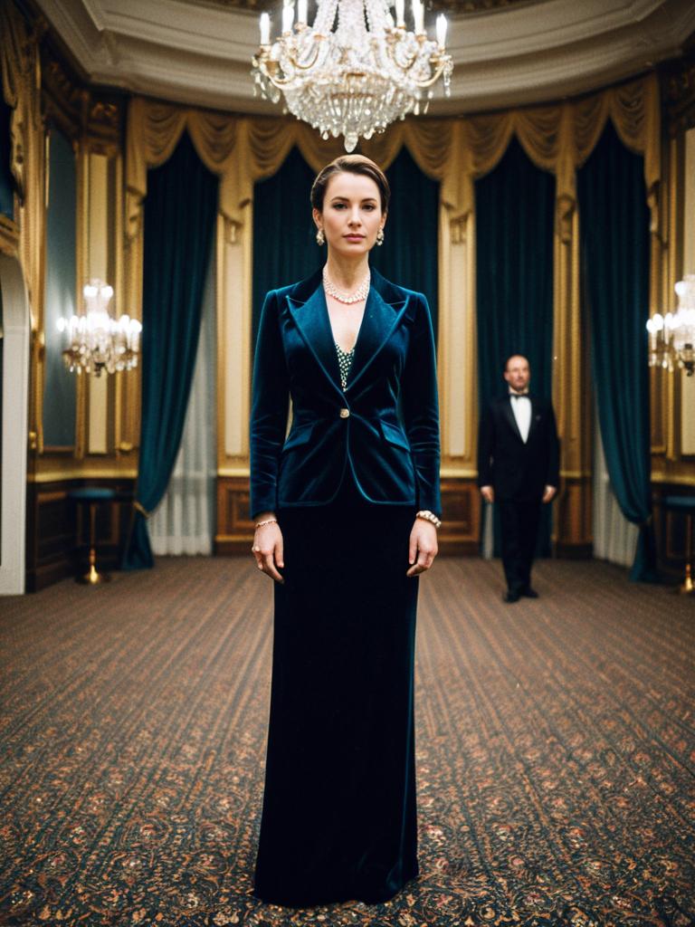 Elegant Woman in Velvet Suit in Luxurious Ballroom with Man in Background