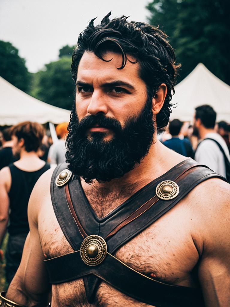 Man in Hephaestus Costume Candid Cosplay Portrait at Mythology Festival