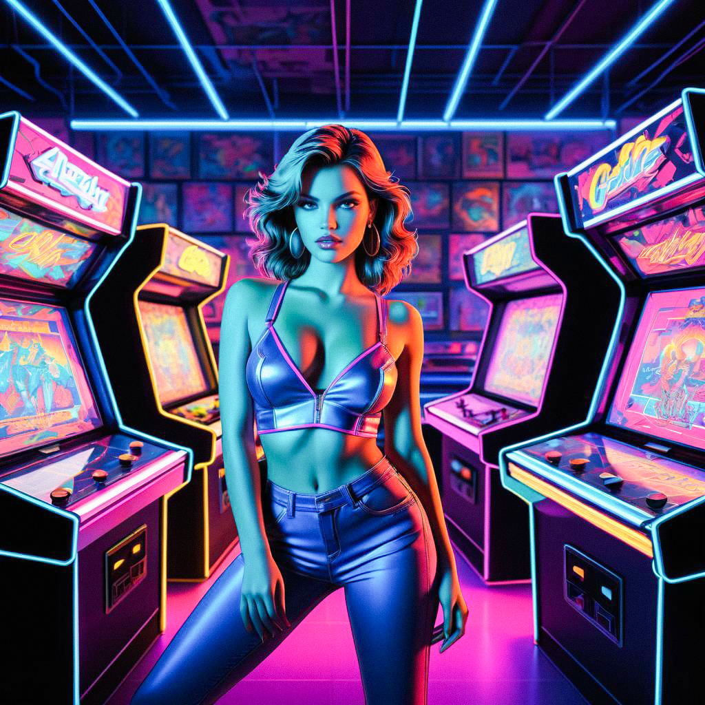 Stylish Woman in Retro Arcade