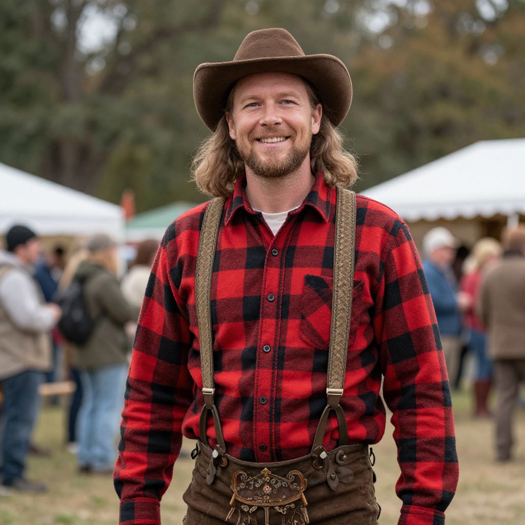 Smiling Man in Cowboy Hat and Red Plaid Flannel Shirt at Outdoor Festival