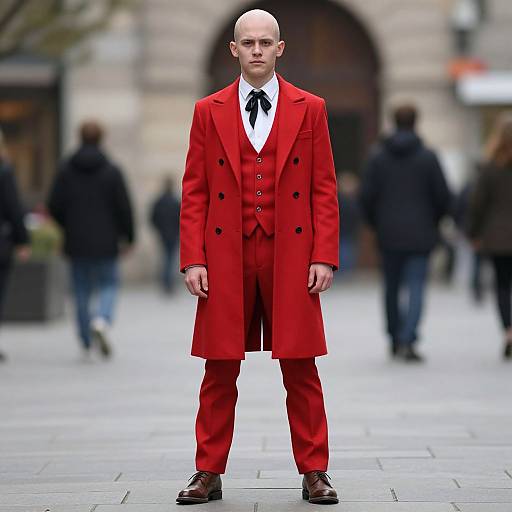 Man in Bold Red Three-Piece Suit and Long Coat on Urban Street