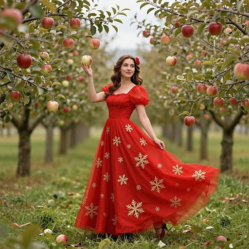 Woman in Red Snowflake Dress Holding Apple in Orchard