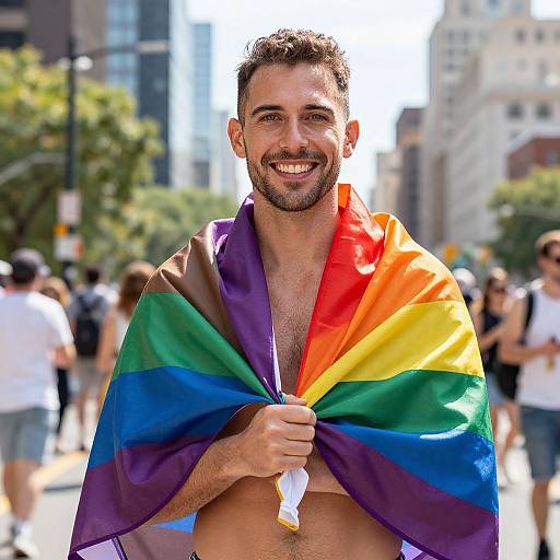 Young Man Wearing Rainbow Pride Flag Outdoors in City