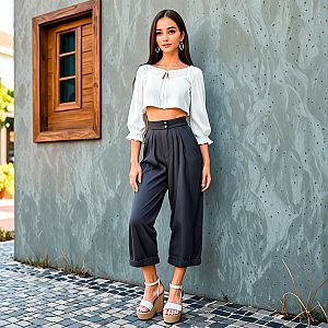 Stylish Woman in Chic Outfit by Gray Wall