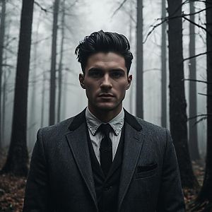 Young Man in Dark Suit in Misty Forest