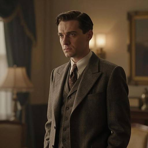 Man in Classic Brown Three-Piece Suit in Vintage Interior