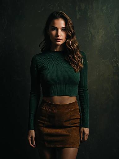 Woman Wearing Casual Chic Black Long Sleeve Ribbed Crop Top and Brown Skirt