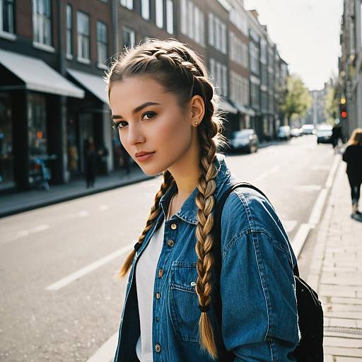 Young Woman with Braided Hair in Denim Jacket on City Street