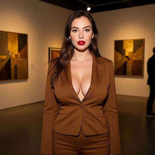 Confident Woman in Brown Suit at Modern Art Gallery
