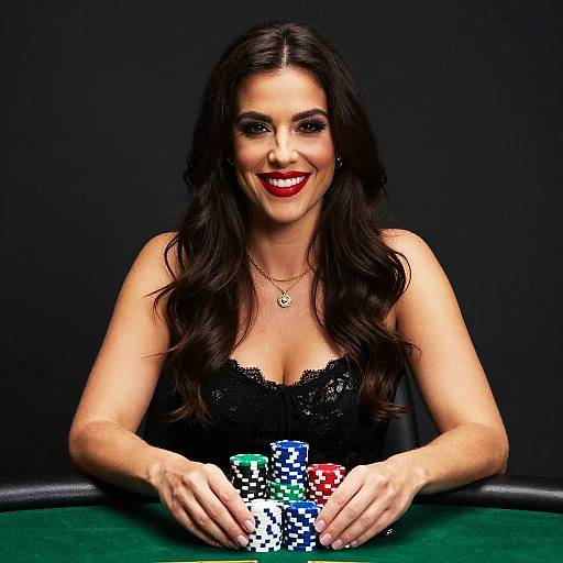 Confident Woman Playing Poker with Chips at Casino Table